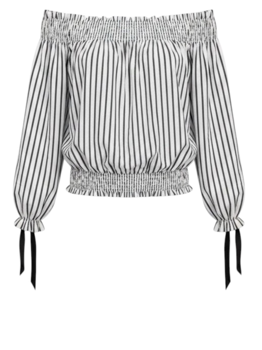Caroline Constas Lou Cotton Stripe 3/4 Sleeve Off The Shoulder Smocked Hem Top